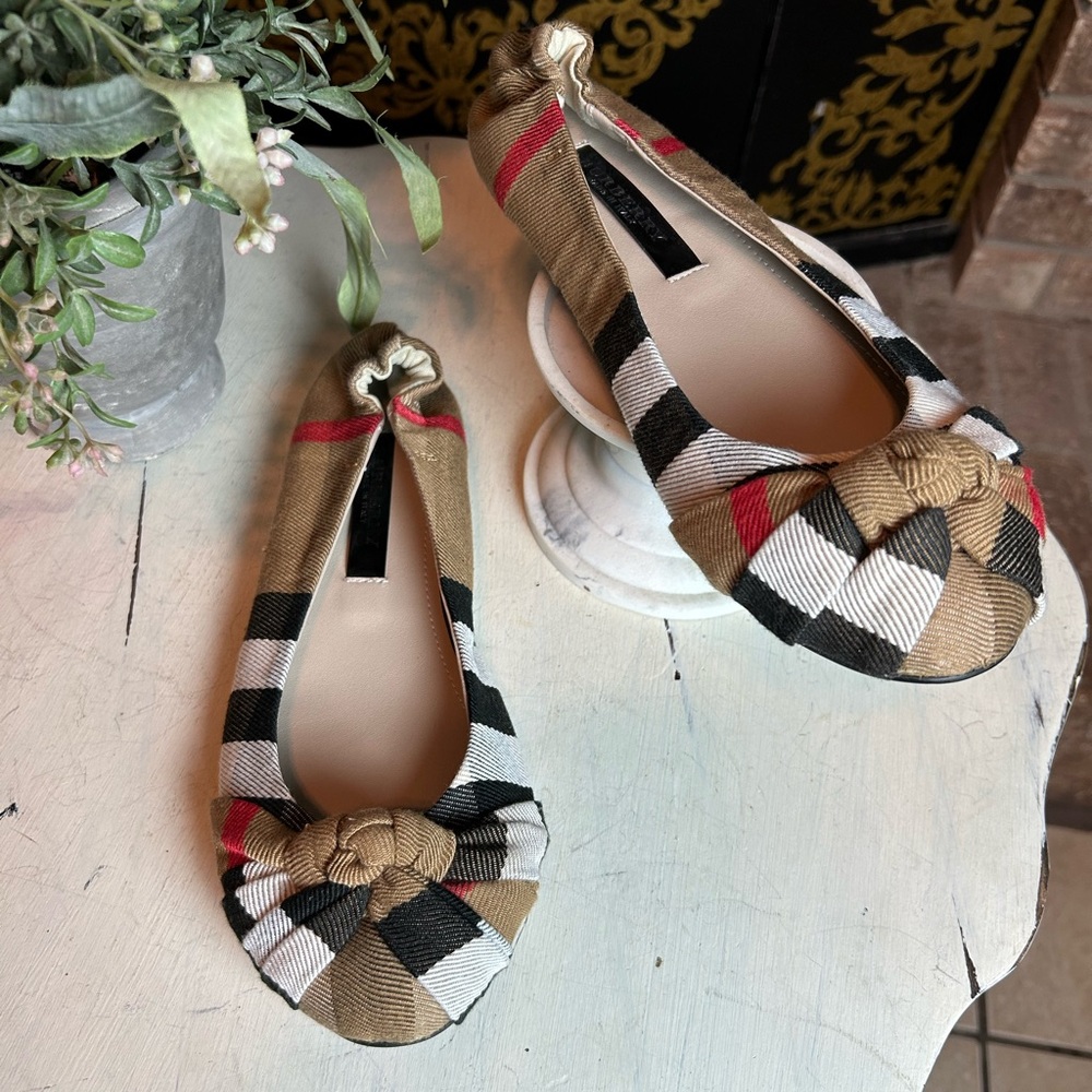 BURBERRY Shoes Flats Womens Nova Check Canvas Knotted Bow Ballet Flats NWOT 9/39